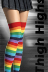 Colorful, bright rainbow colored thigh highs, must have addition to your pantyhose collection SHOP Hot Legs USA Rainbow Thigh Highs