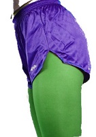 Purple shorts with green tights