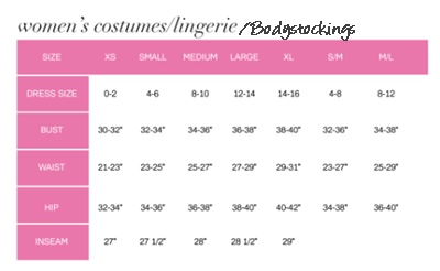 Hot Legs USA sizing chart for Leg Avenue Bodystocking