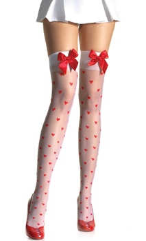 White with Red Bow and Hearts Womens Thigh Highs