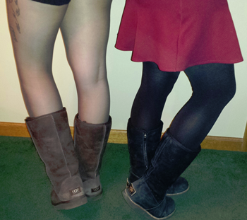 Two Models Wearing Sheer and Opaque Tights Are Displayed With UGGs